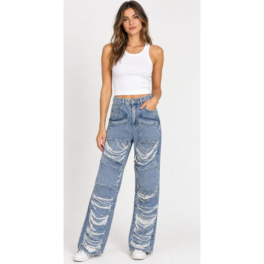 Rehab Lab Shredded Wide Leg Multi Pocket Cargo Jeans Women's Size Medium